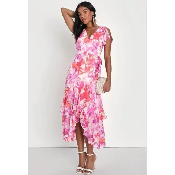 Lulus Dress Womens XS Lovable Aura Pink Floral Print Tiered Midi Wrap Dress - Picture 1 of 11